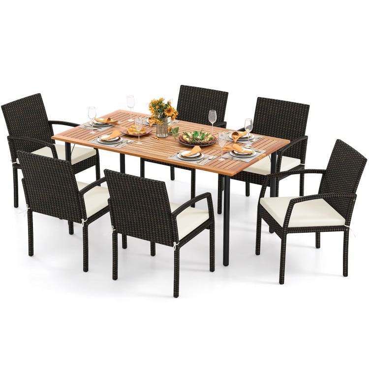 7 Pieces Outdoor Dining Set Acacia Wood Table with Umbrella Hole and Cushions-White