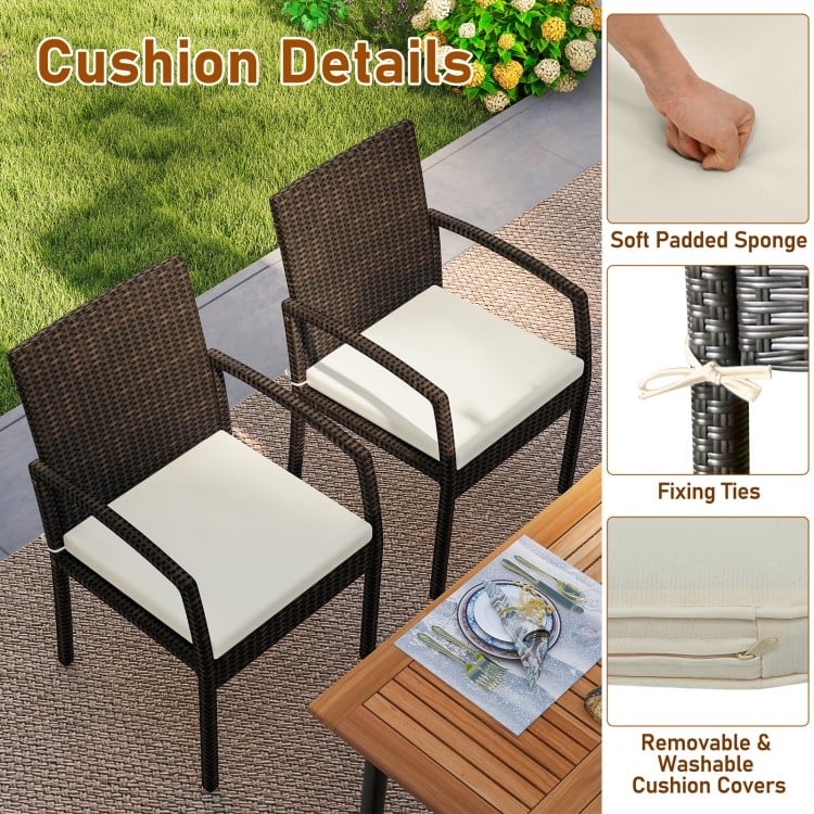7 Pieces Outdoor Dining Set Acacia Wood Table with Umbrella Hole and Cushions-White