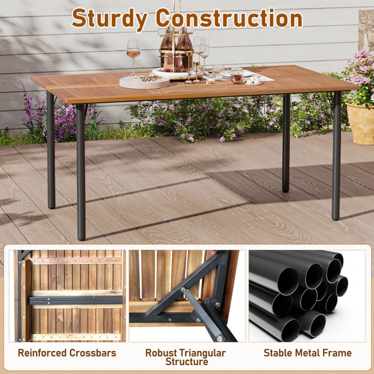 7 Pieces Outdoor Dining Set Acacia Wood Table with Umbrella Hole and Cushions-White
