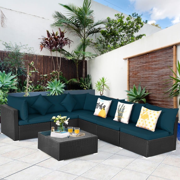 7 Pieces Sectional Wicker Furniture Sofa Set with Tempered Glass Top-Peacock Blue