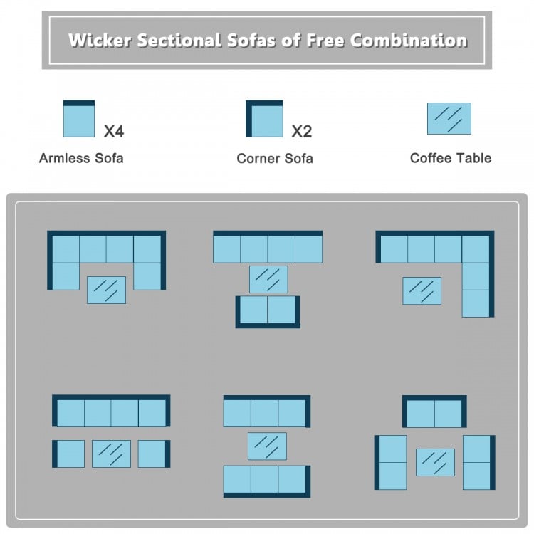 7 Pieces Sectional Wicker Furniture Sofa Set with Tempered Glass Top-Peacock Blue