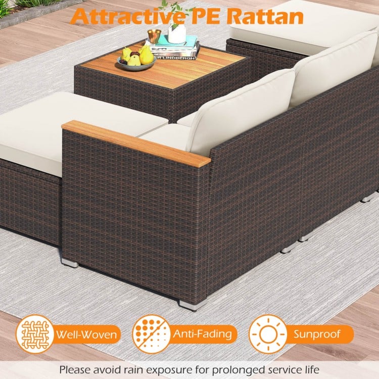 7 Pieces Wicker Conversation Set with Wood Armrests for Backyard-White
