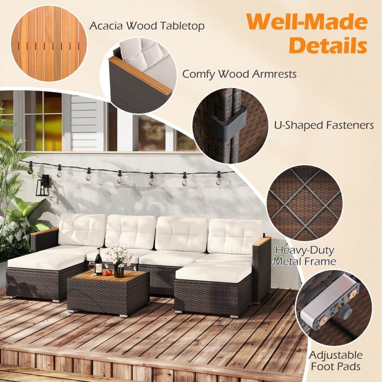 7 Pieces Wicker Conversation Set with Wood Armrests for Backyard-White