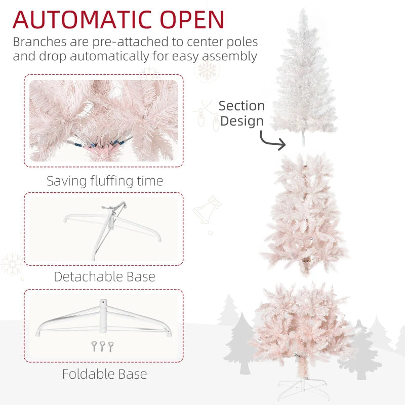 HOMCOM Pencil Artificial Christmas Tree with Pine Realistic Branches, Auto Open, Pink and White