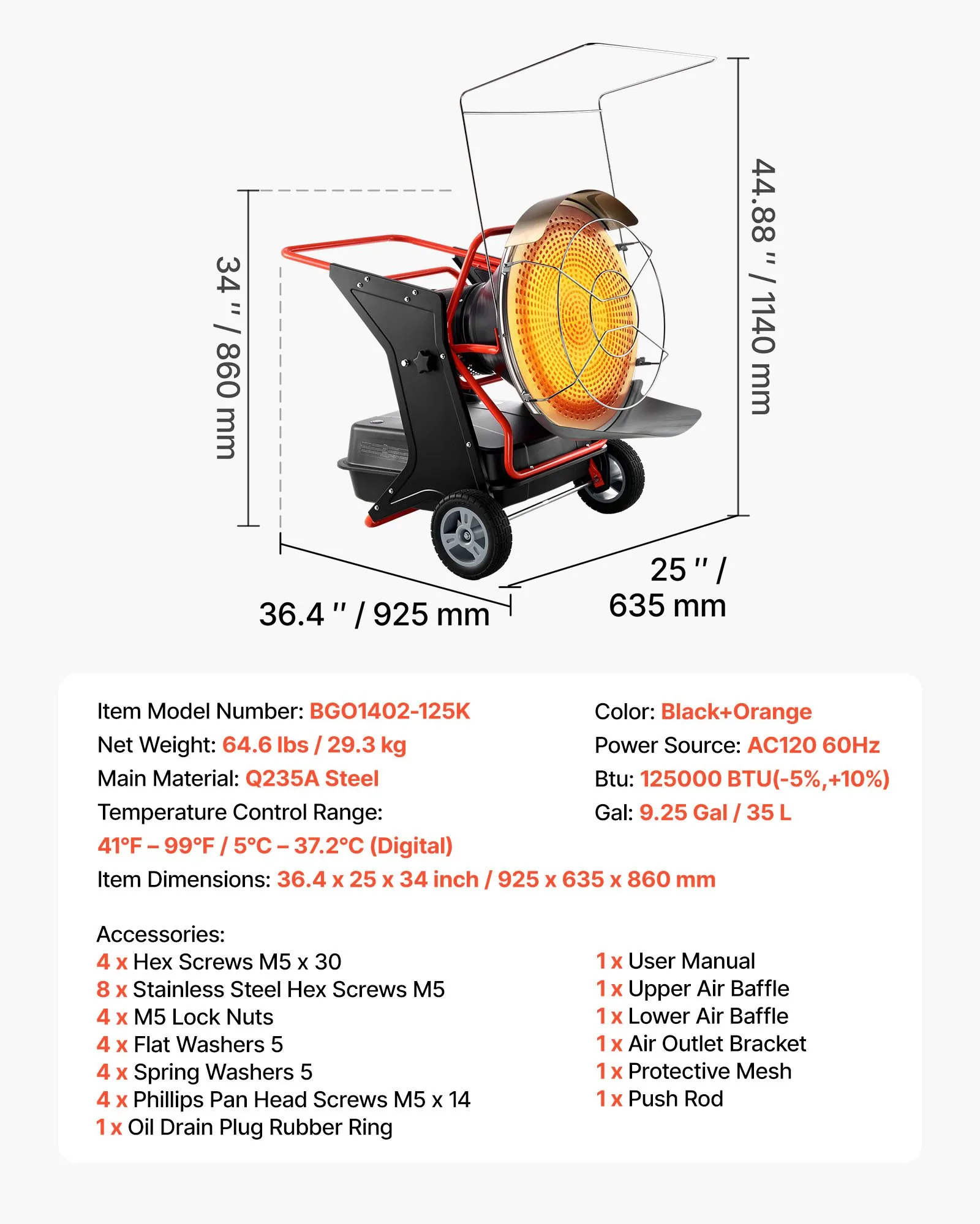 VEVOR 125,000 BTU Radiant Kerosene Diesel Heater, Portable Industrial Space Heater with Adjustable Temp & Wheels, Ideal for Jobsite, Garage, Warehouse, Workshop Construction Heating, Black