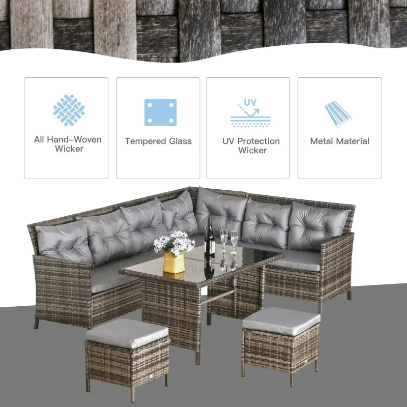 Outsunny 6pcs Outdoor Rattan Sofa Set Garden Wicker Sectional Couch Furniture Set with Dining Table and Chair Dark Grey