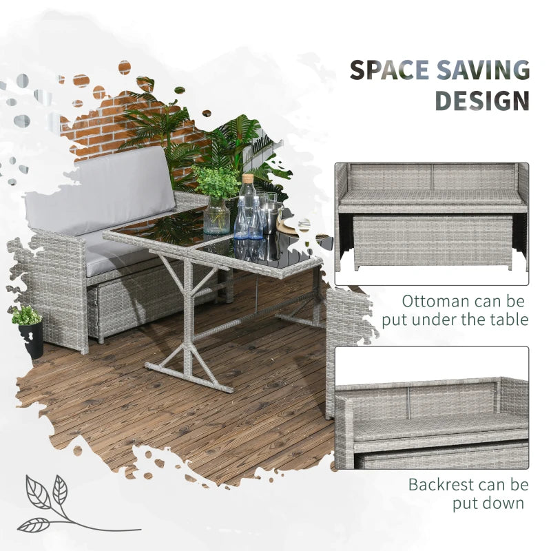 Outsunny 5 Pieces Wicker Patio Dining Set, Conversational Rattan Loveseat Sofa, Ottoman and Dining Table, 6-seater Outdoor Furniture Set with Glass Tabletop and Cushions, Gray