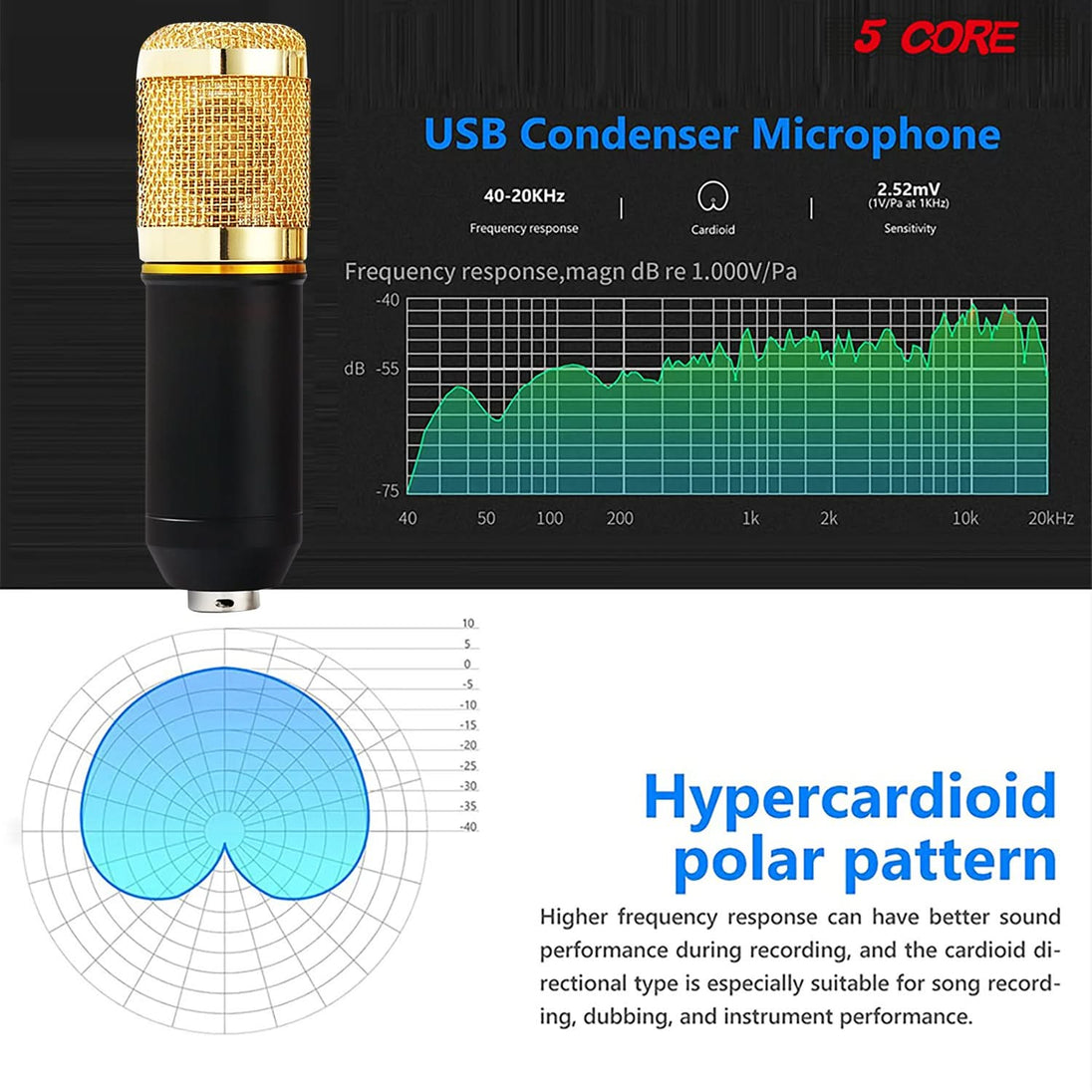 5Core Recording Microphone Podcast Bundle Professional Condenser Cardioid Mic Kit w Boom Arm REC SET