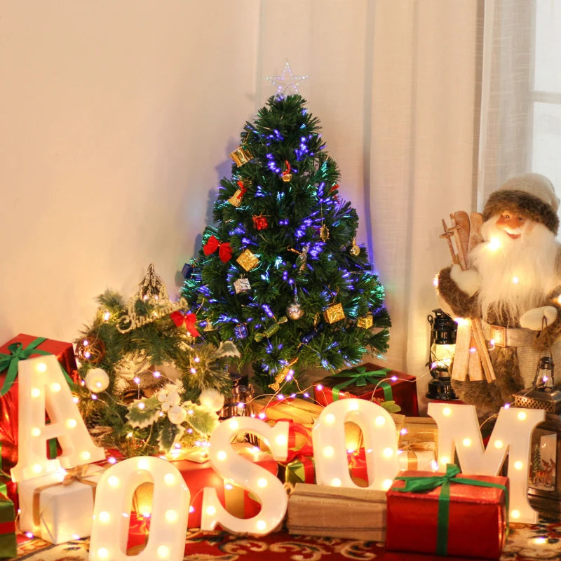HOMCOM 2.5FT Prelit Artificial Tabletop Christmas Tree with Fibre Optics Holiday Home Xmas Decoration for Table and Desk Geen