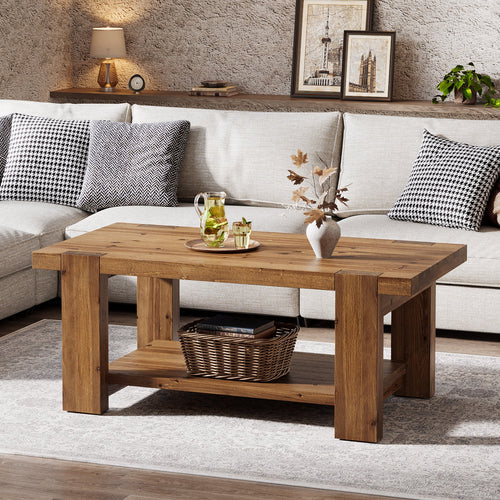 Wood Coffee Table 47.2" Solid Wood Rectangle Center Table with 2-Tier Storage Shelf and Thick Tabletop Rustic Brown