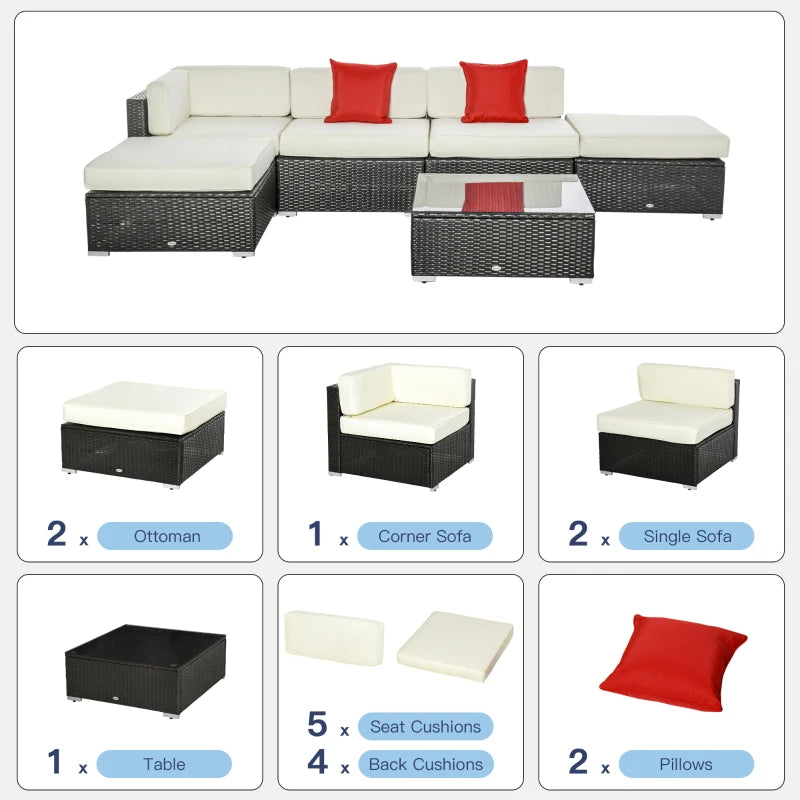 Outsunny 6 Pieces Wicker Patio Furniture Set with Thick Cushions, Deluxe Outdoor All-Weather Resistant PE Rattan Sectional Conversation Sofa Set with Glass Top Table, Beige