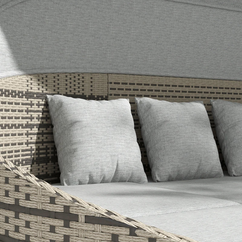 Outsunny 4 Pieces Patio PE Wicker Round Daybed, Outdoor Rattan Garden Lounge Furniture Sets, Light Grey