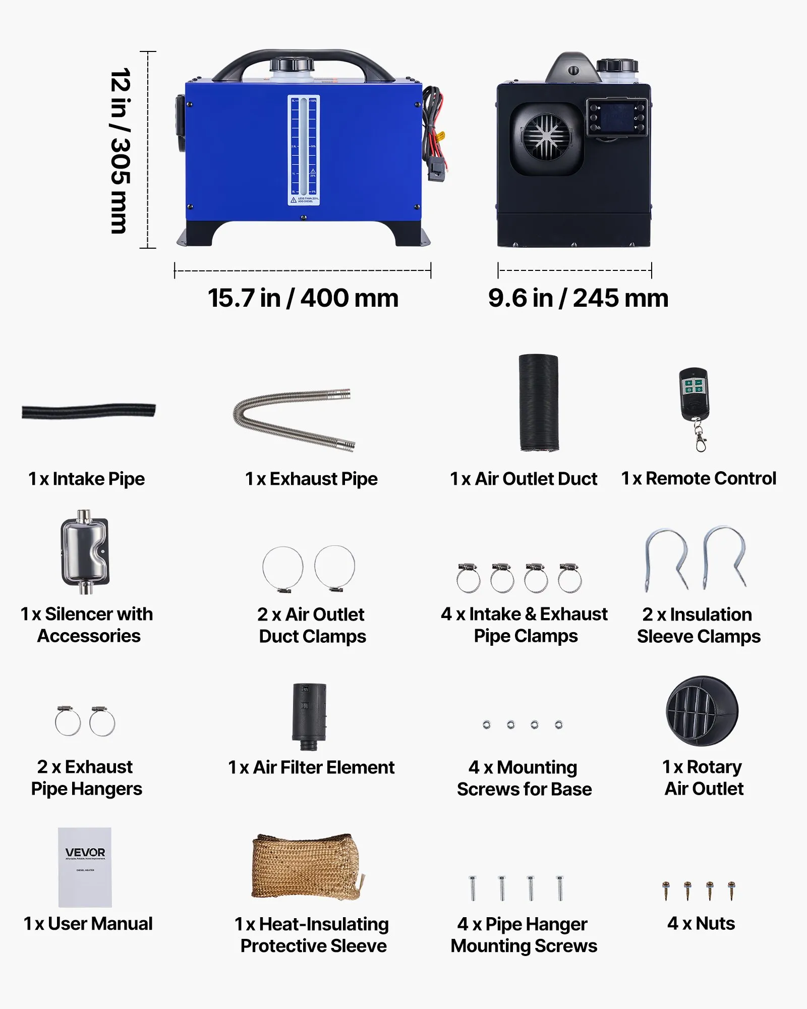 VEVOR Diesel Heater, 8KW, DC 12V/24V, All-in-One Portable Diesel Air Heater with Remote Control and LCD Display, Fast Heating Low Noise, 1.3 Gal Fuel Tank for Vehicles, RVs, Vans, Tractors, and Trucks