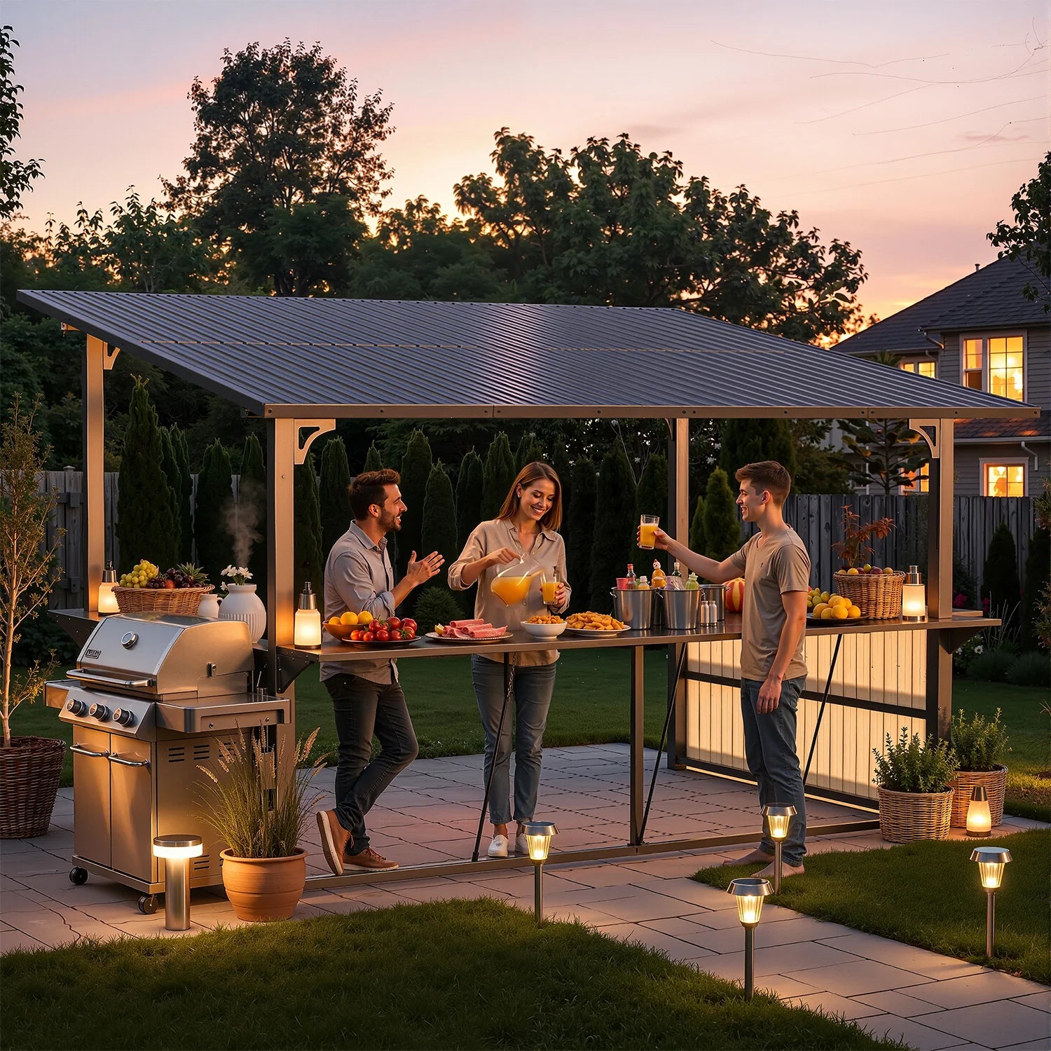 YODOLLA 10' x 12' Hardtop BBQ Gazebo with Bar Counter, Outdoor Grill Shelter & Entertainment Pavilion