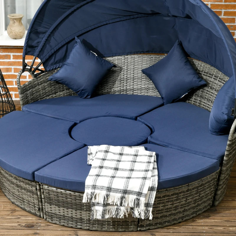 Outsunny 4 Pieces Outdoor Daybed with Retractable Canopy, PE Rattan Wicker Round Sofa Day Bed, Patio Sectional Conversation Furniture Set with Cushions and Pillows, Dark Blue