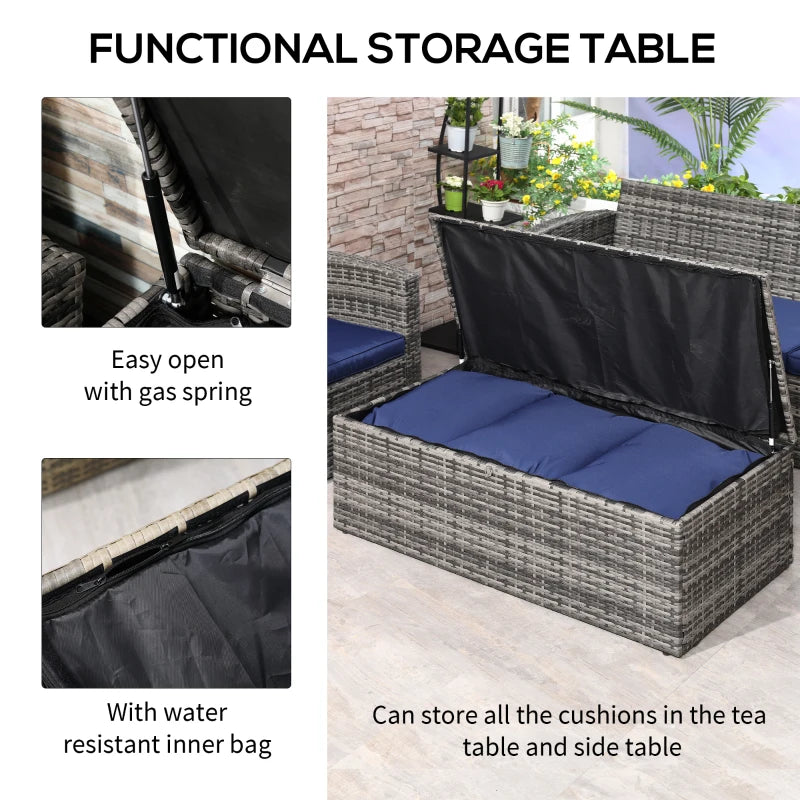 Outsunny 6 Piece Patio Furniture Set, Rattan Wicker Patio Sofa Set Sectional Outdoor Conversation Sofa Set Storage Table & Cushions, Blue