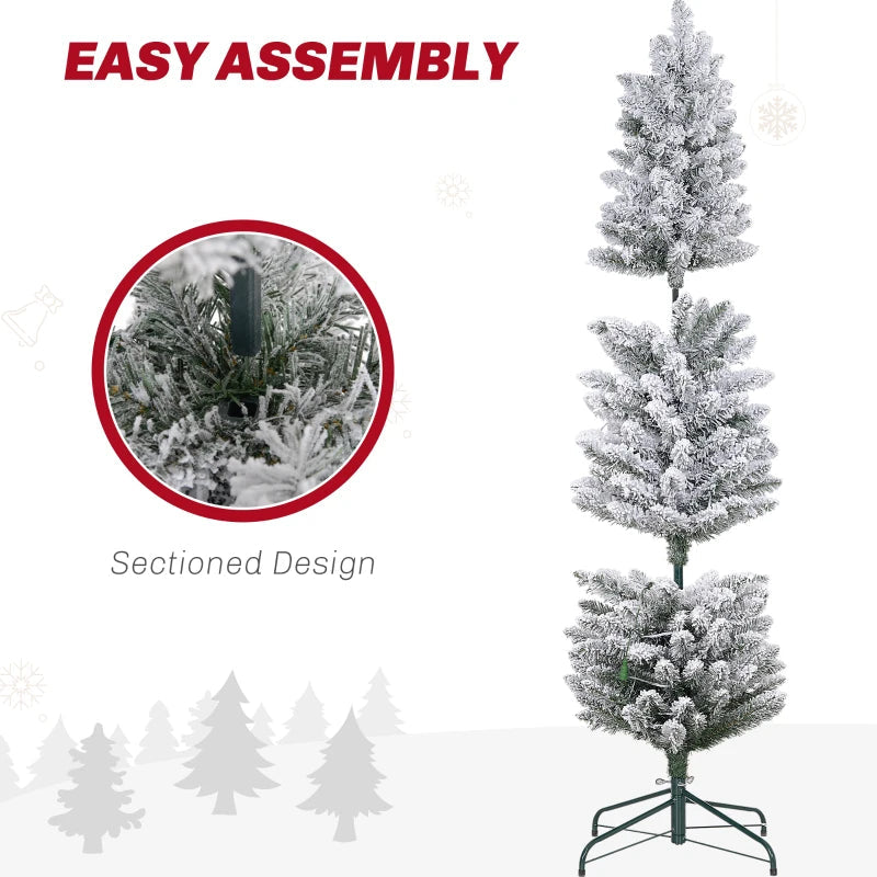 HOMCOM 5FT Prelit Pencil Christmas Tree with Warm White LED Lights, Slim Artificial Snow Flocked Xmas Tree with Metal Base