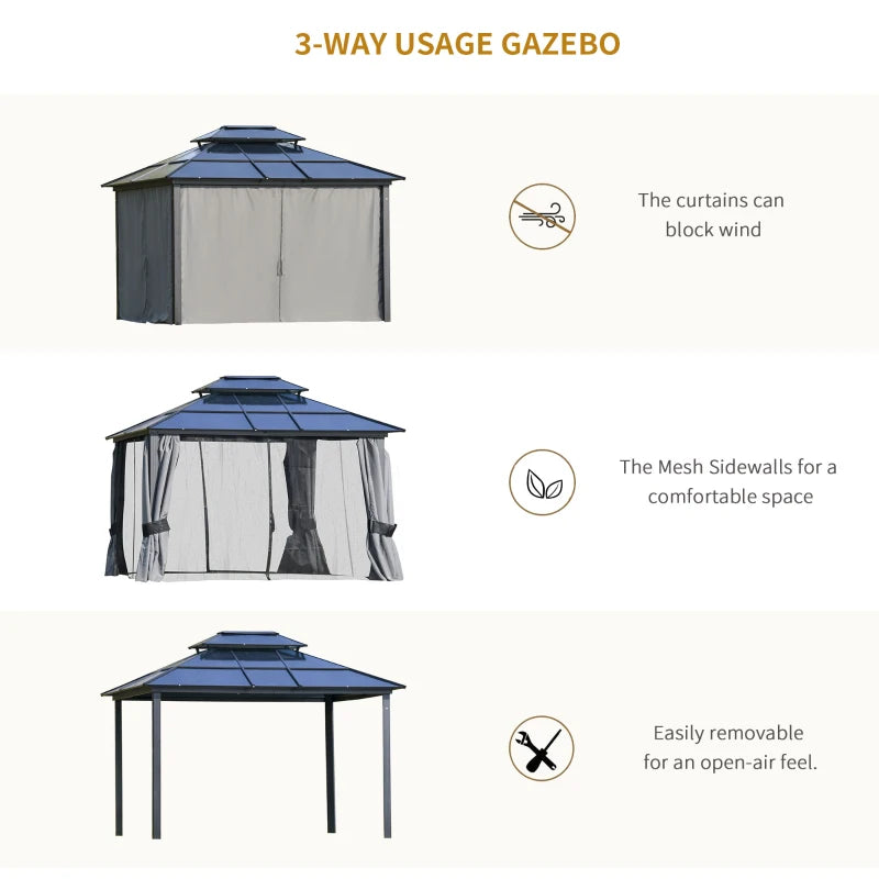 Outsunny 10'x12' Hardtop Patio Gazebo Aluminum Gazebo Canopy with Double Tier Roof, Curtains, Netting Sidewalls, Black & Grey