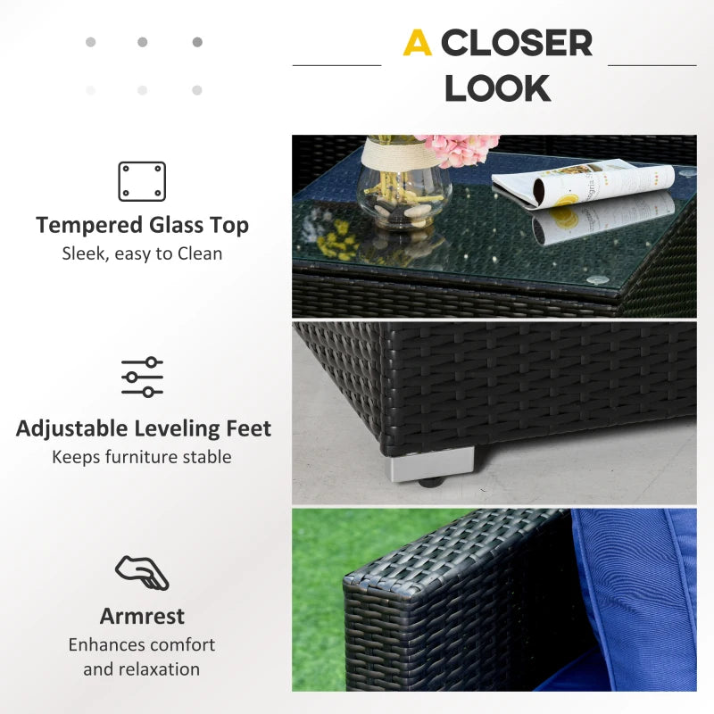 Outsunny 6 Pieces Outdoor PE Rattan Wicker Patio Furniture Sofa Set with Thick Cushions, Deluxe Garden Sectional Couch with Glass Top Table, Black and Dark Blue