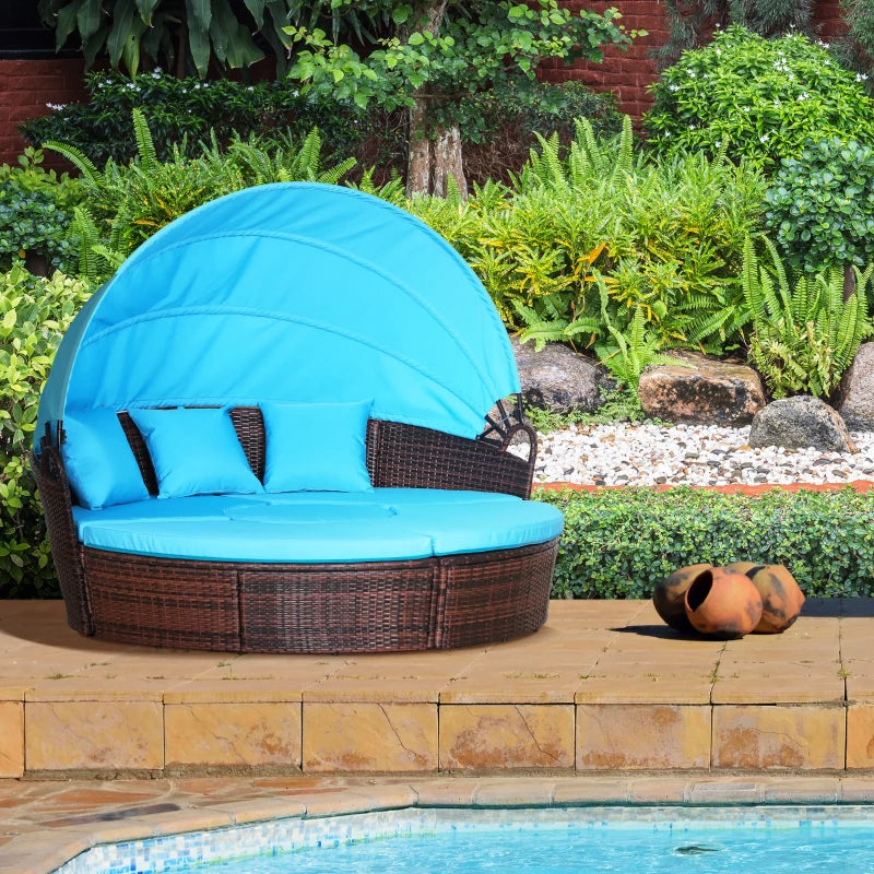 Outsunny 4 Pieces Outdoor Daybed with Retractable Canopy, PE Rattan Wicker Round Sofa Day Bed, Patio Sectional Conversation Furniture Set with Cushions and Pillows, Light Blue