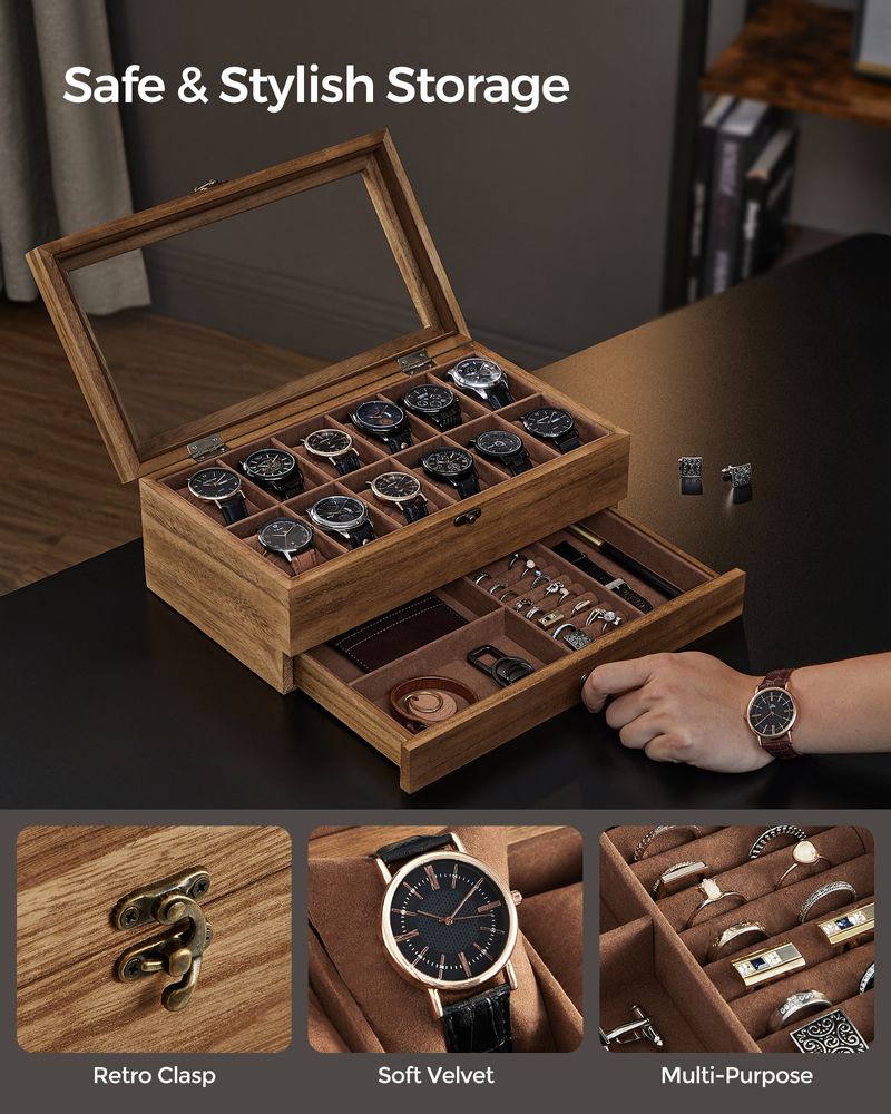 SONGMICS 8 & 12-Slot Watch Box with Large Glass Lid
