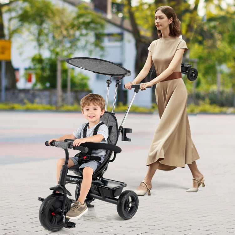 7-in-1 Baby Stroller Tricycle with Adjustable Canopy and Foldable Footrests for Ages 9-60 Months Old-Gray