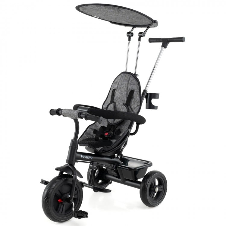 7-in-1 Baby Stroller Tricycle with Adjustable Canopy and Foldable Footrests for Ages 9-60 Months Old-Gray