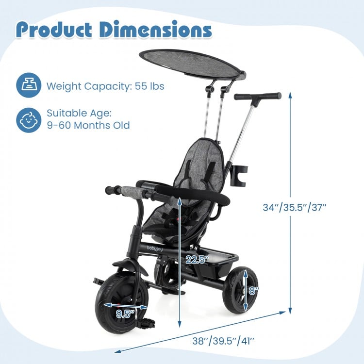 7-in-1 Baby Stroller Tricycle with Adjustable Canopy and Foldable Footrests for Ages 9-60 Months Old-Gray