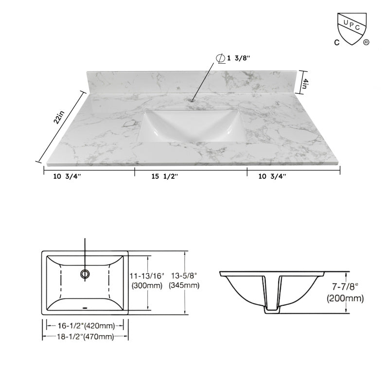 Montary 37" Carrara White Marble-Design Bathroom Vanity Top with REC Undermount Ceramic Sink & Single Faucet Hole - Engineered Stone Countertop, Pre-Sealed, Easy DIY Installation, Fits 30-Inch Cabinets, Bathroom Decor And Acc