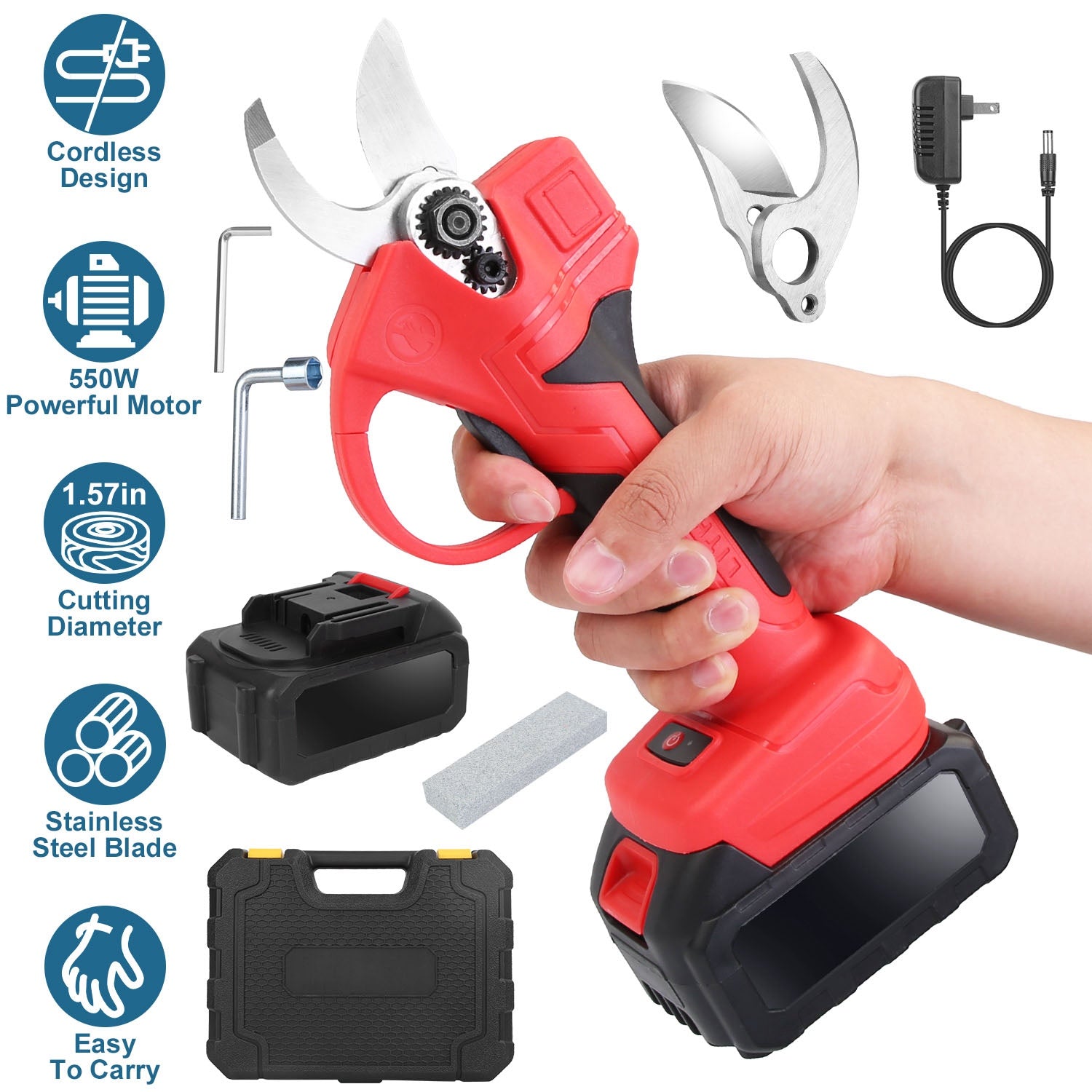 21V Cordless Electric Pruning Shears 40mm 1.57" Electric Branch Scissors Tree Branch Cutter with 2 Rechargeable Batteries Sharpening Stone Blade Repla