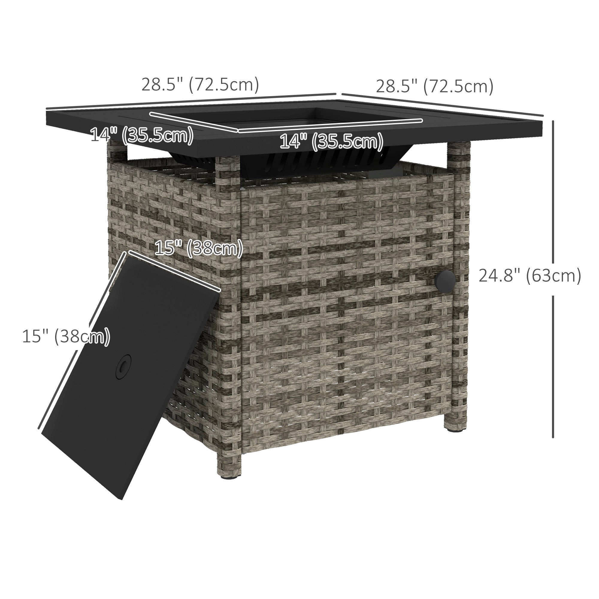 Outsunny Outdoor PE Rattan Propane Fire Pit Table, 50,000 BTU Pulse-Ignition Wicker Fire Table with Glass Wind Guard, Mixed Grey