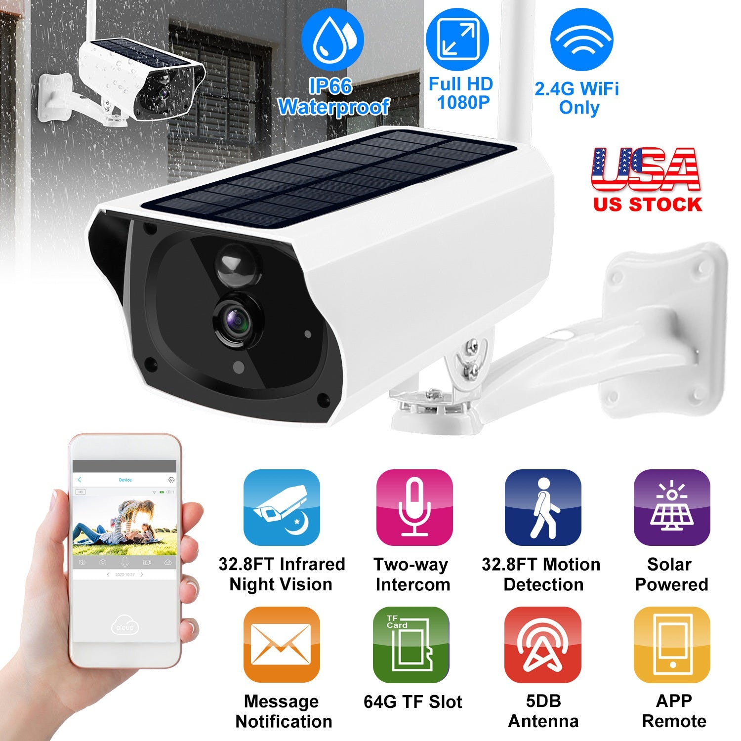 1080P Solar Powered WiFi IP Camera Two-Way Intercom Security Surveillance Camera IP66 Waterproof Motion Sensor Night Vision Network Camcorder APP Cont
