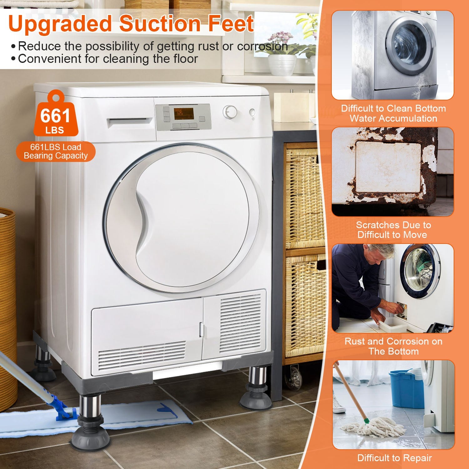 Adjustable Mini Fridge Stand with 4 Powerful Suction Feet Multi-Functional Appliance Base Adjustable Width Length Height For Washing Machine Dryer Ref