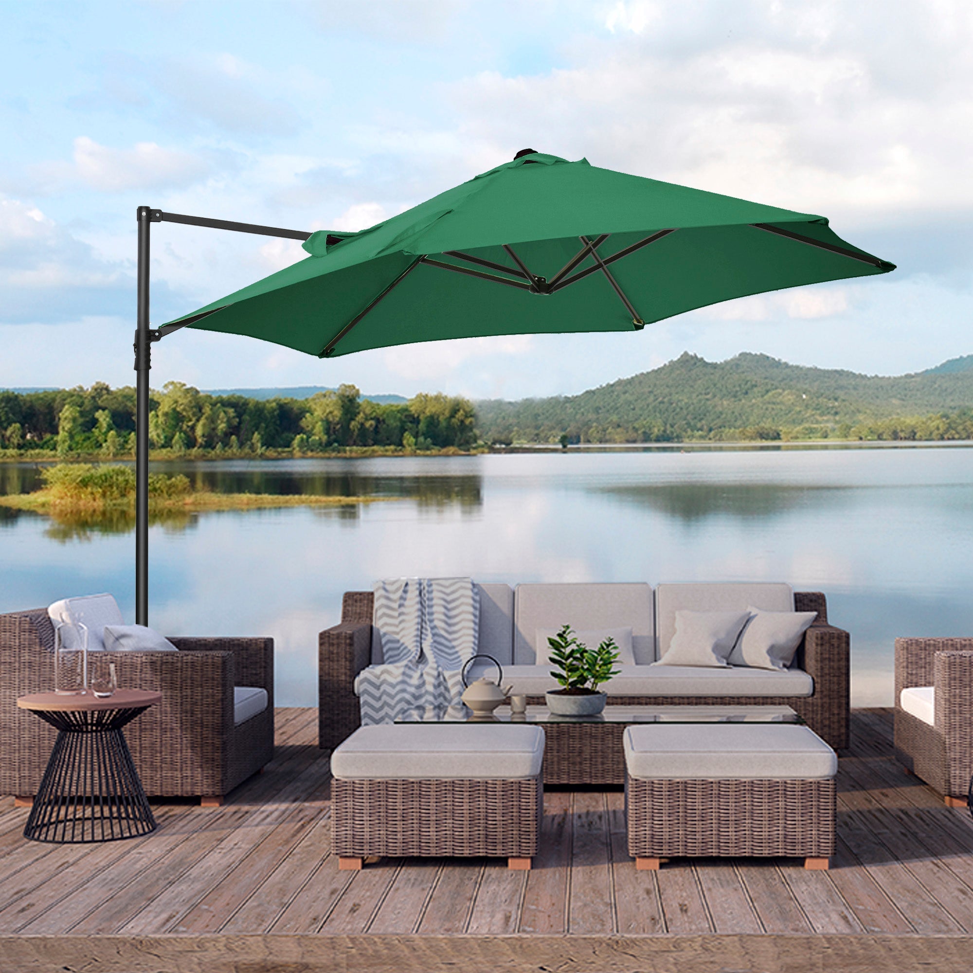 Outsunny Rotating Refuge: Offset Patio Umbrella 8.5FT with 360° Rotation, Cantilever Hanging Sun Shade Outdoor Shelter, Green Canopy