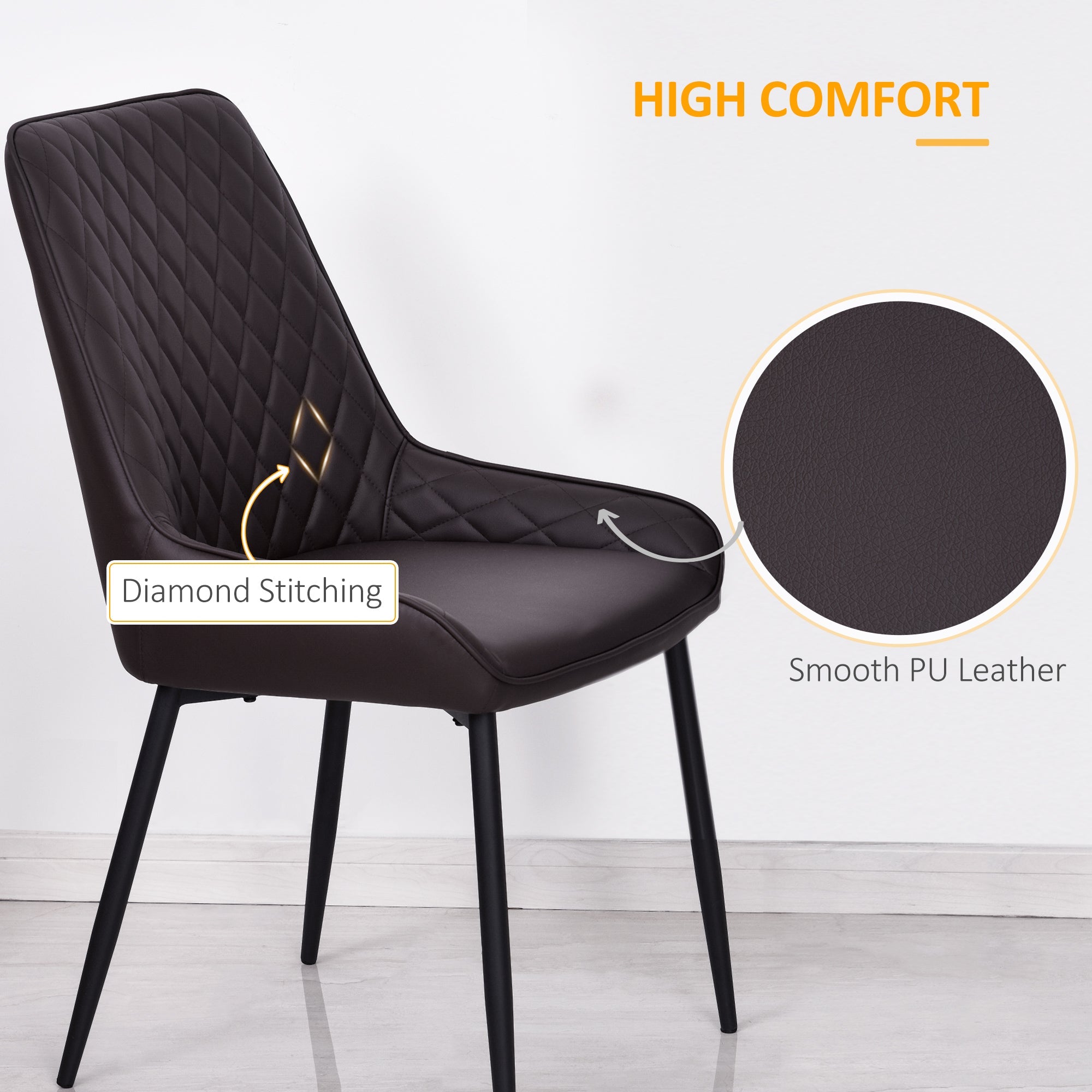 HOMCOM 2 Pack Mid Century Dining Chairs Brown PU Leather Padded Metal Legs Modern for Kitchen Home Office
