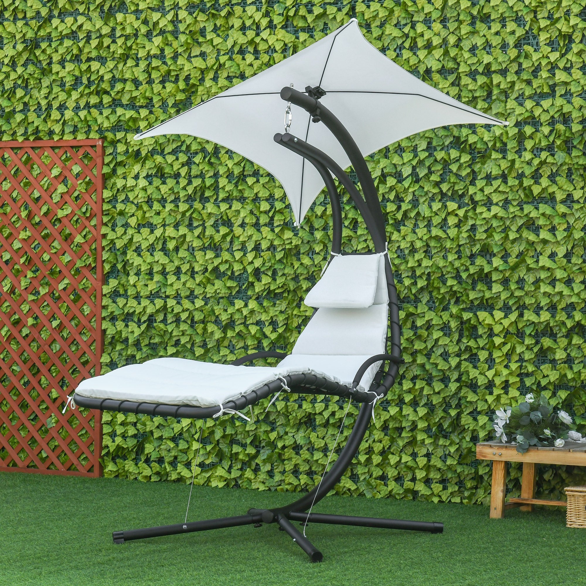 Outsunny Cream White Floating Chaise Lounge: Outdoor Hanging Hammock Swing Chair with Arc Stand & Canopy for Patio, Porch