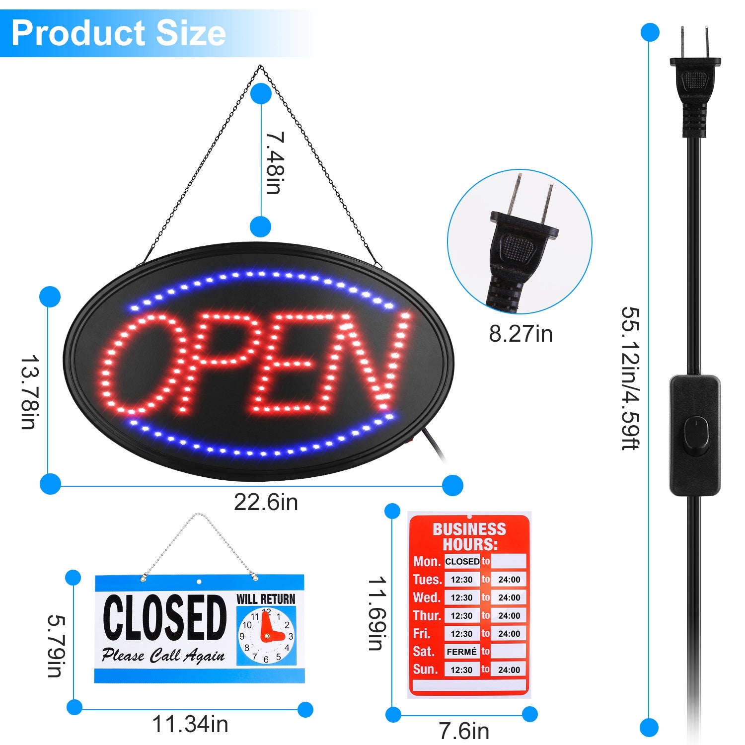 LED Open Sign 22.64x13.78In Business Neon Open Sign Advertisement Board with Steady Flashing Modes Business Hours and Open Closed Sign