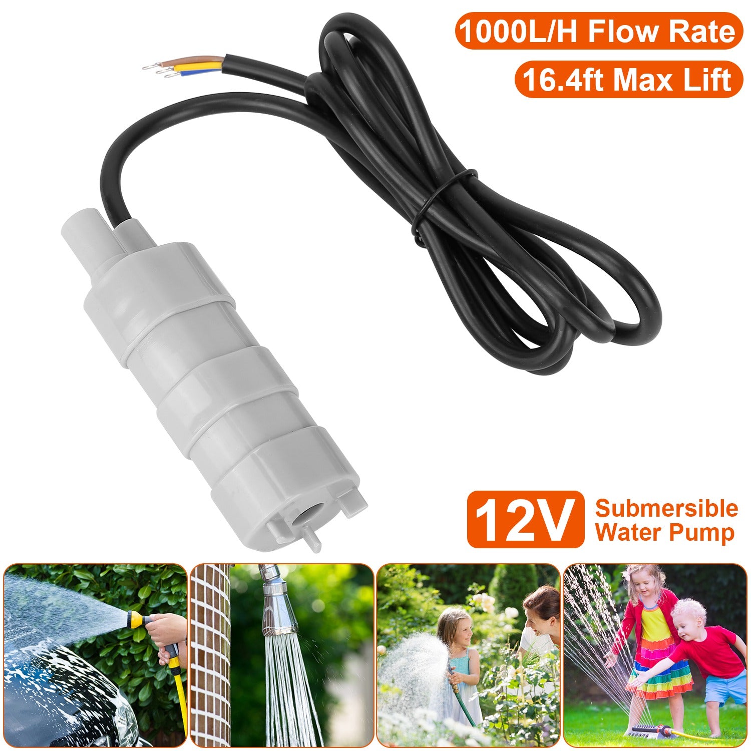 12V Submersible Water Pump with 16.4ft Max Lift 1000L/H Flow Rate for Garden Sprinklers Lawn Shower Tour Vehicles