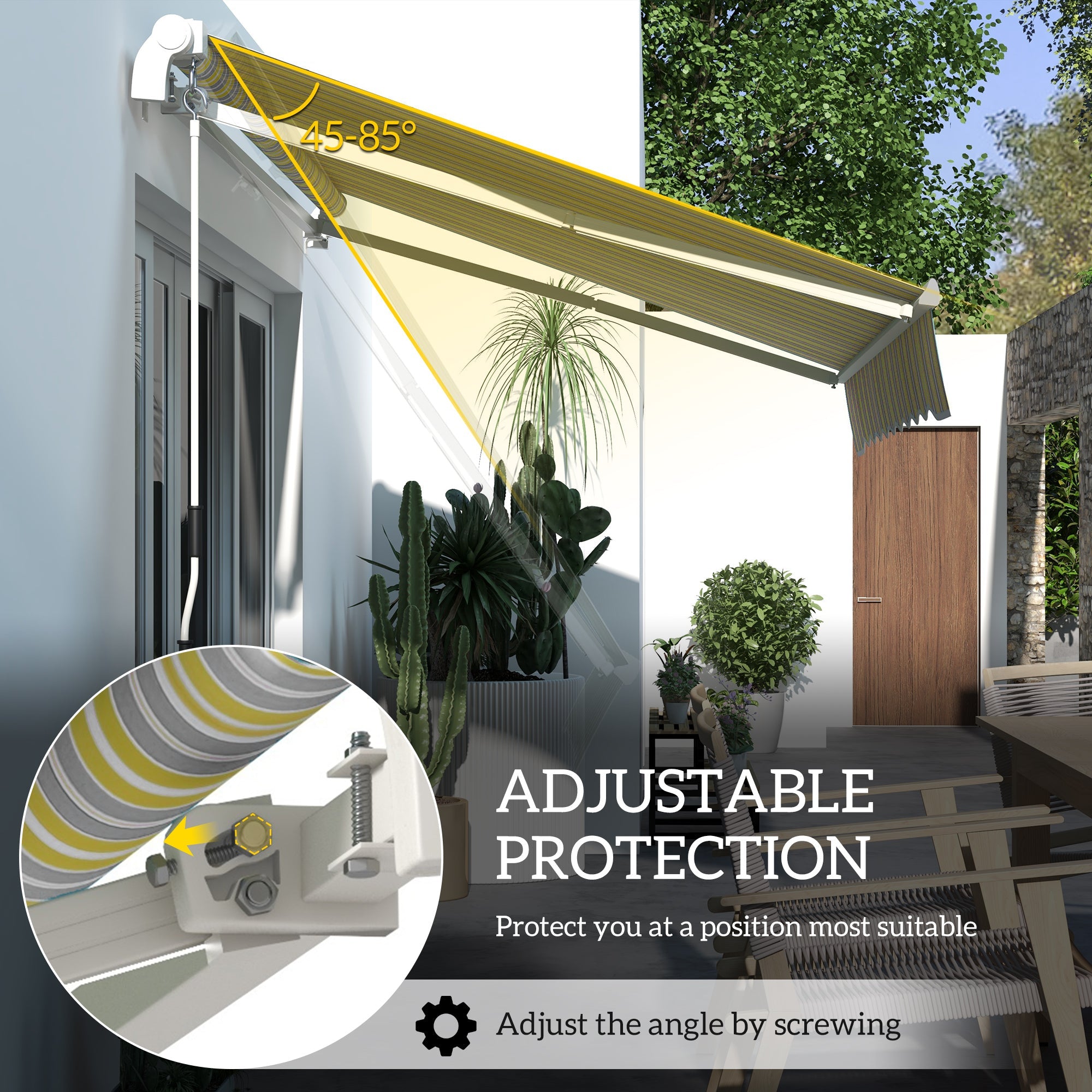 Outsunny 8' x 6.5' Manual Retractable Patio Awning LED Lights Aluminum Sun Shade Canopy Door Window Yellow Grey