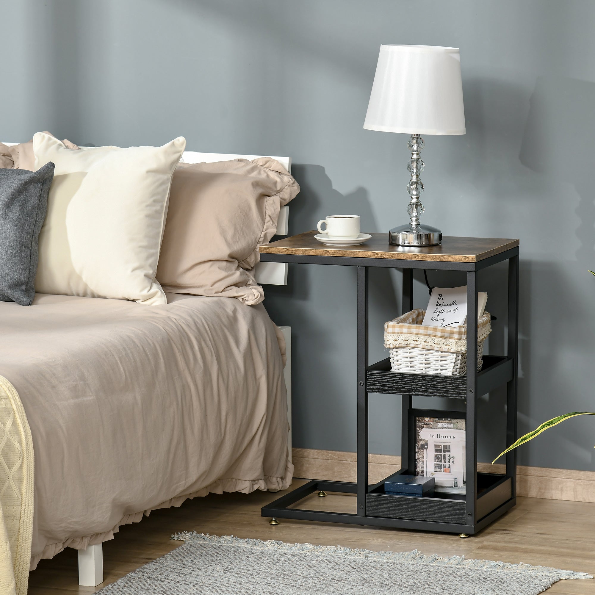 HOMCOM Industrial C-Table: C-Shaped End Coffee Table, Metal Frame Nightstand with Storage Shelves for Living Room, Bedroom