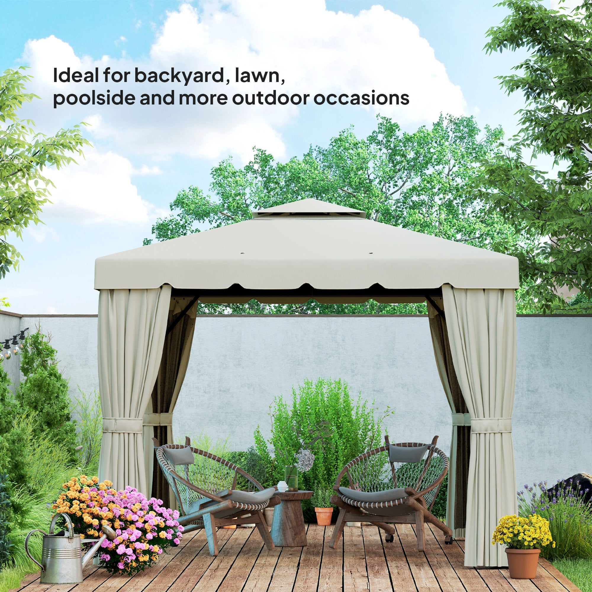 Outsunny 10' x 10' Outdoor Patio Gazebo Double Soft-top Garden Shelter Tent with Curtains, & Mesh Screen Drapes, Cream White