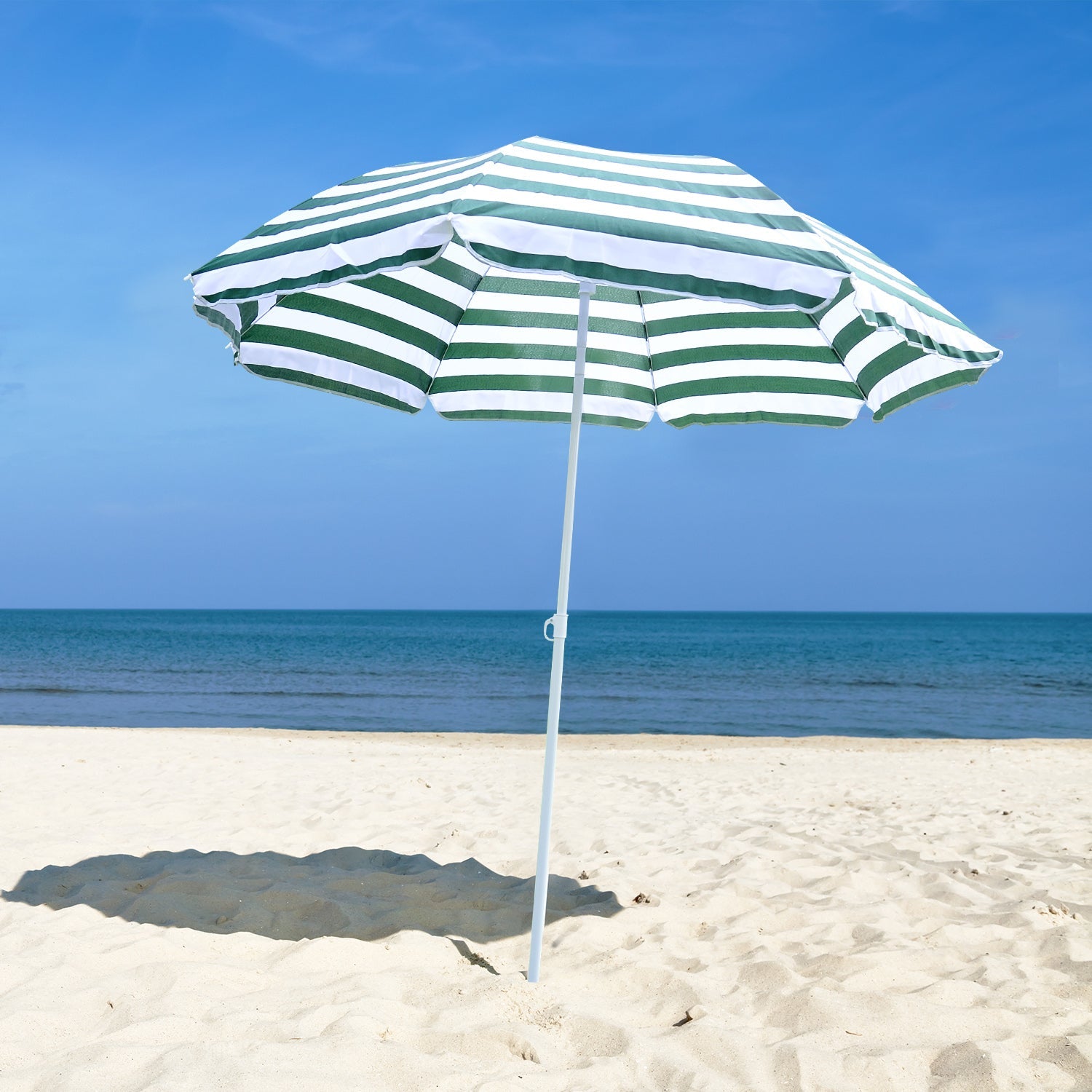 Outsunny 6FT Striped Green Round Beach Umbrella Outdoor UV Protection Sunshade Canopy Push Button Tilt