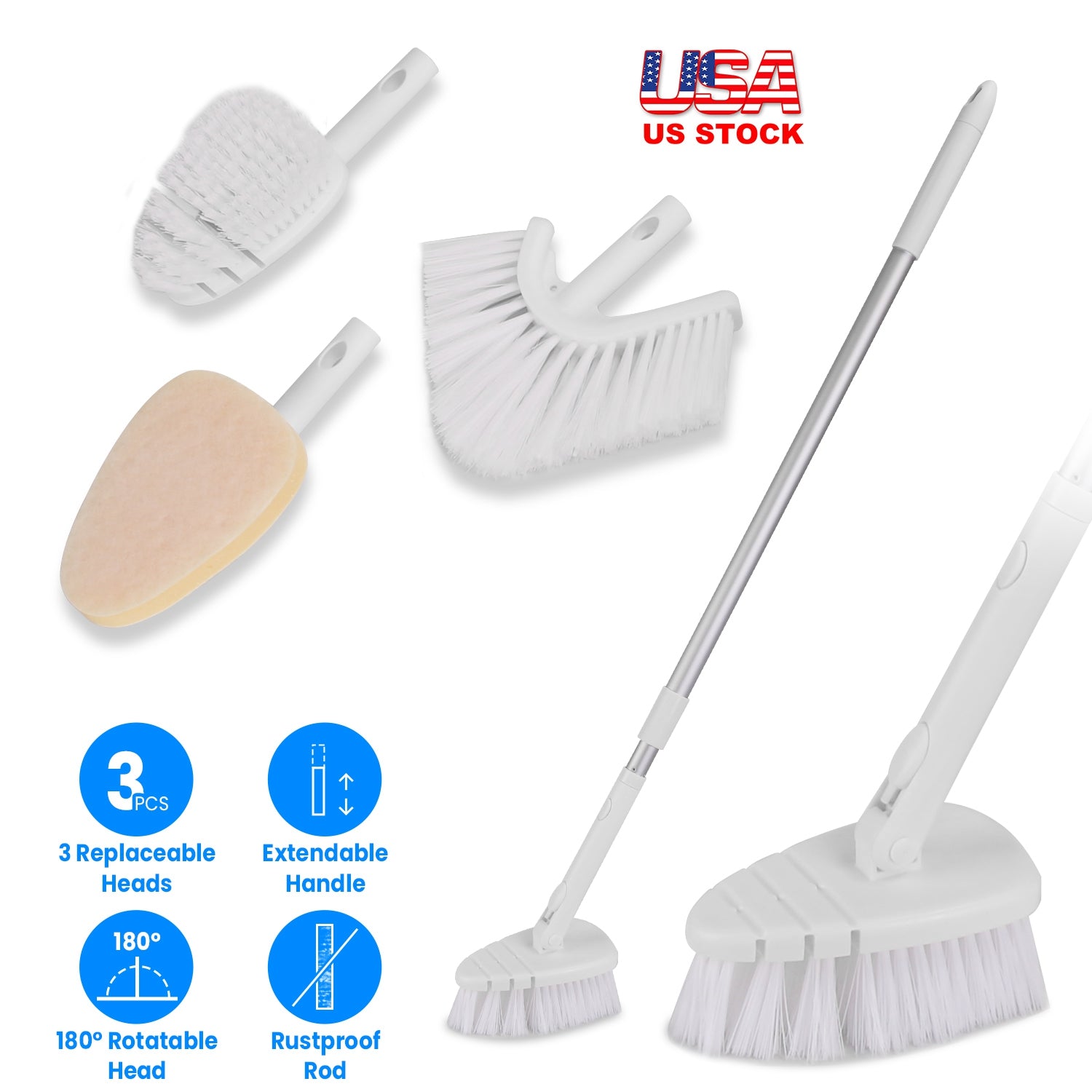 3 in 1 Tub And Tile Scrubber Cleaning Brush With 42.91in Long Handle Length Adjustable Rod Shower Cleaning Brush With Sponge Hard Bristles Gap Brush