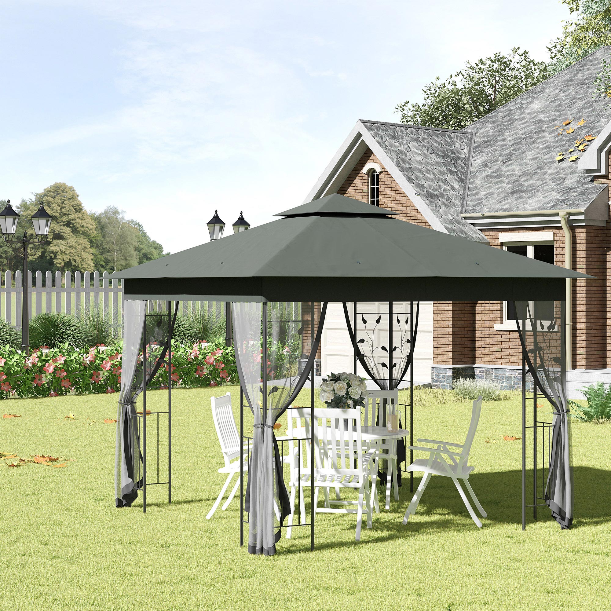 Outsunny 10x10 Steel Patio Gazebo Soft-Top Sun Shelter with 2-Tier Roof & Curtain Sidewalls in Grey