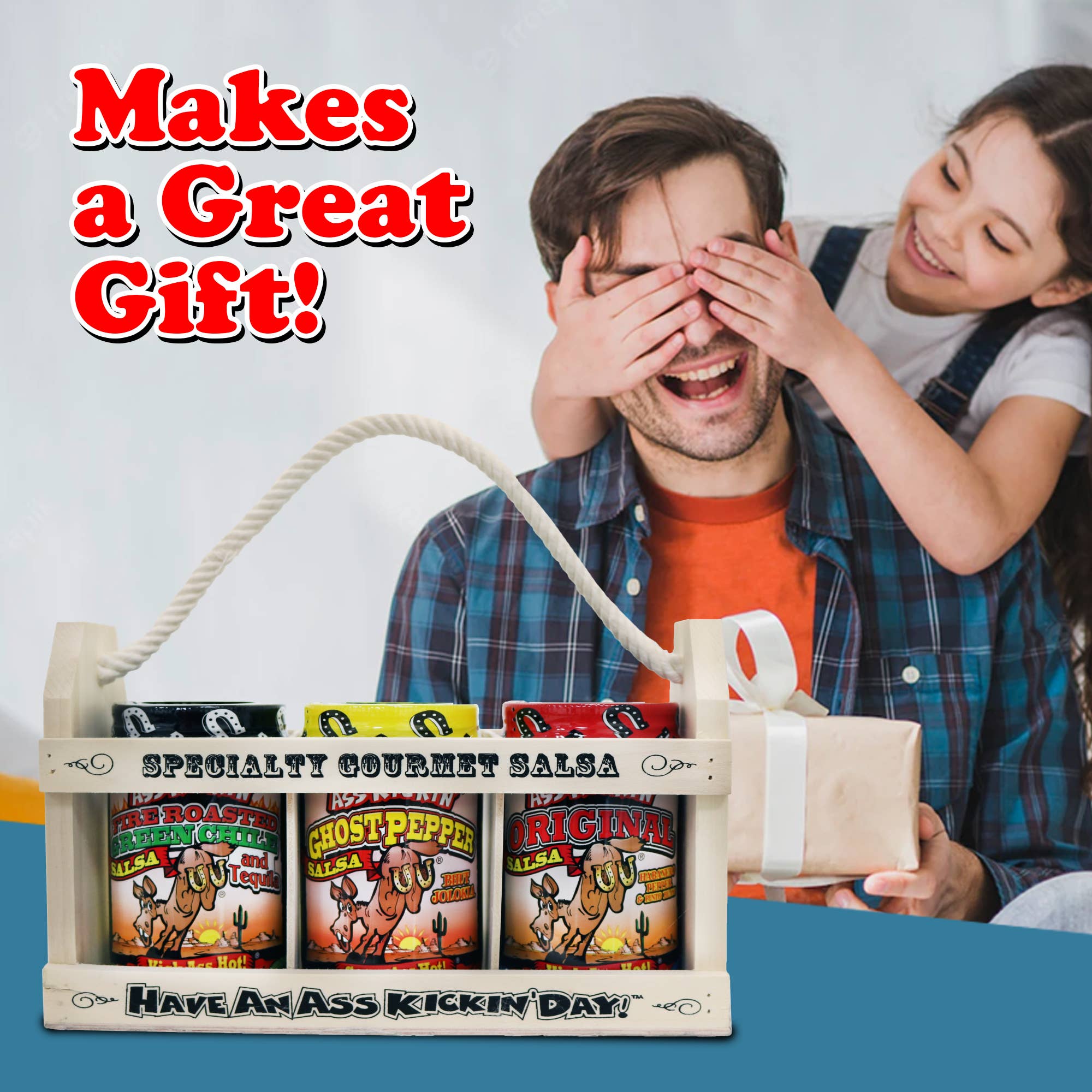 Ass Kickin’ Salsa Wooden Crate Gift Set: Three Jars of 13 oz. (384mL) Ass Kickin’ Salsa.• Ass Kickin’ Original Salsa• Ass Kickin’ Margarita Salsa (Mild)• Ass Kickin’ Roasted Garlic Salsa