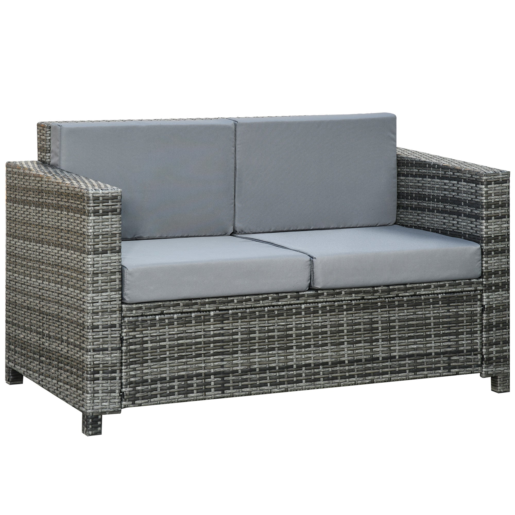 Outsunny Patio PE Rattan 2-seater Sofa, Outdoor All Weather Resin Wicker Loveseat with Padded Cushions, Grey
