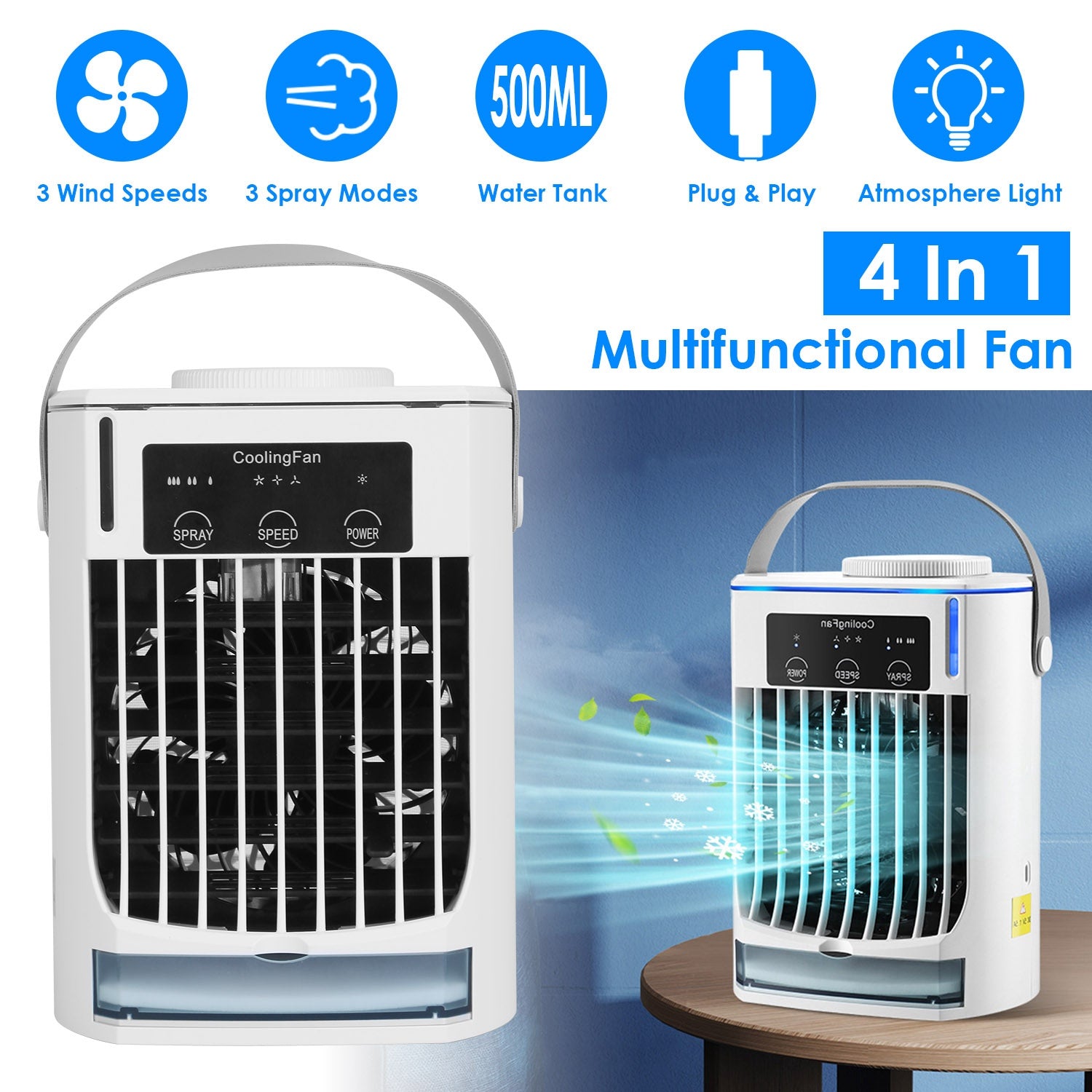 Portable Air Conditioner Fan Evaporative Humidifier 3 Speed Spray Personal Cold Mist Air Cooler Desk Table Fan Water Tank Night Light Adjustable Angel