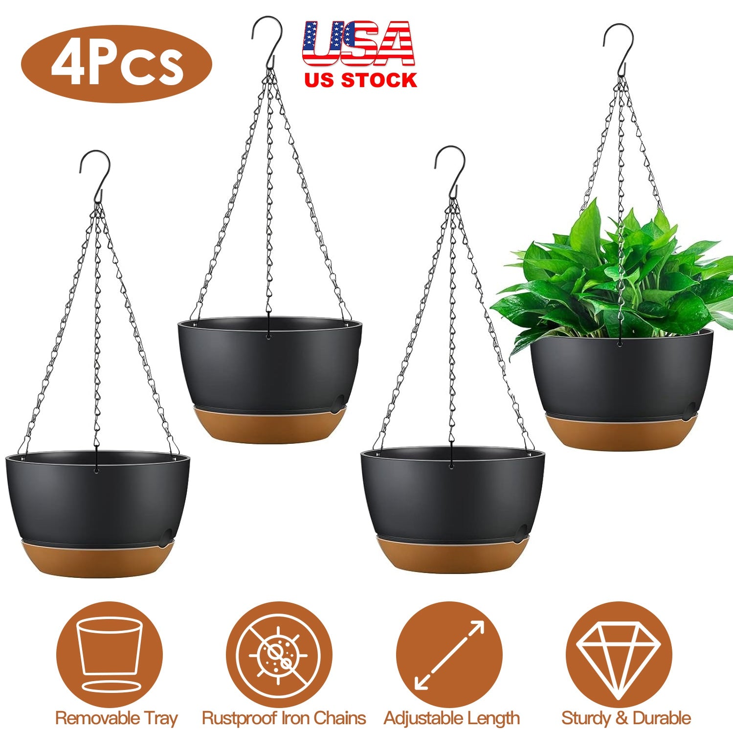 4Pcs 9.64In Diameter Hanging Planter with Drainage Holes Removable Self-Watering Tray Plastic Hanging Flower Plant Pots For Indoor Outdoor Herb Ivy Fe
