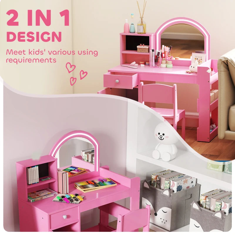Qaba Kids Vanity Set, Toddler Dressing Table and Chair Set with Lighted Mirror, Cabinet, Drawer and Shelves, Pink