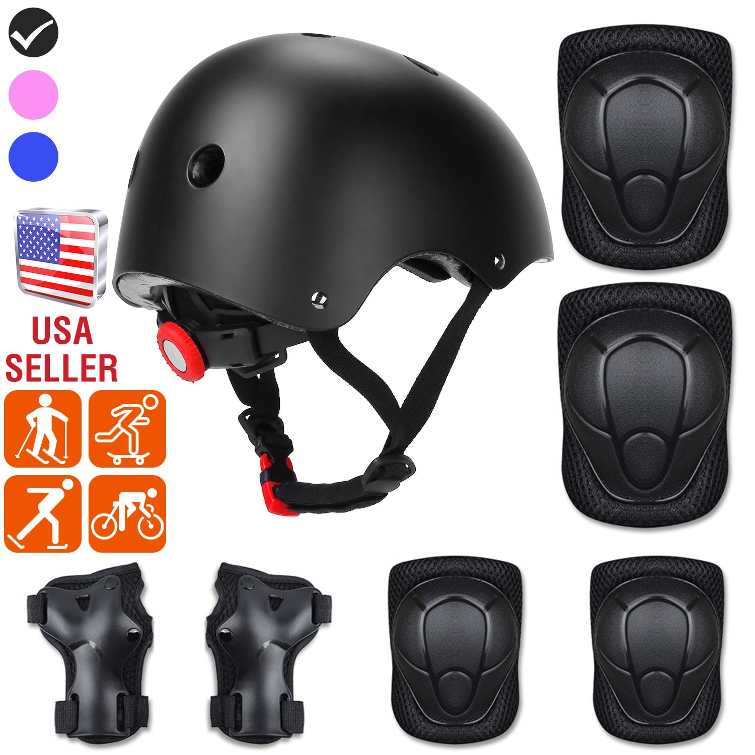 7Pcs Kids Safety Helmet Set Children Sports Protective Gear Set w/ Knee Pads Elbow Pads Wrist Guards For Cycling Bike Skate